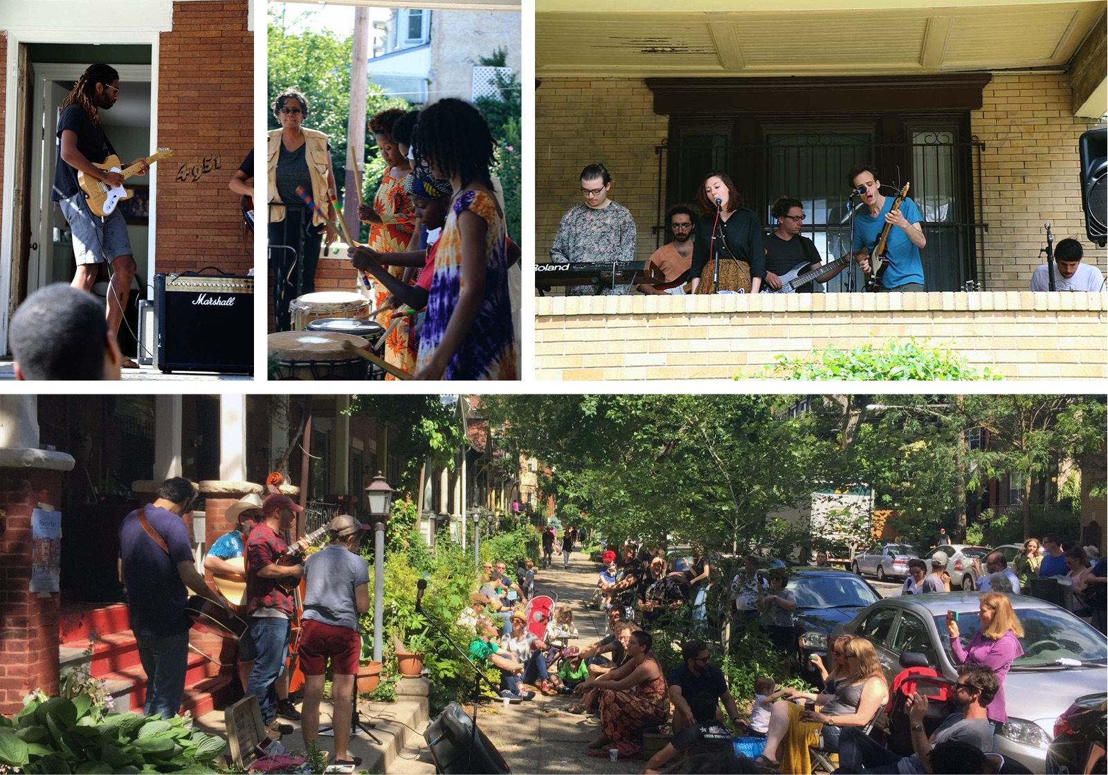 Collage of photos from Porchfest 2017; Man playing electric guitar, several women playing drums; a band playing instruments on a porch; a band playing on a porch and an audience sitting in chairs on the sidewalk
