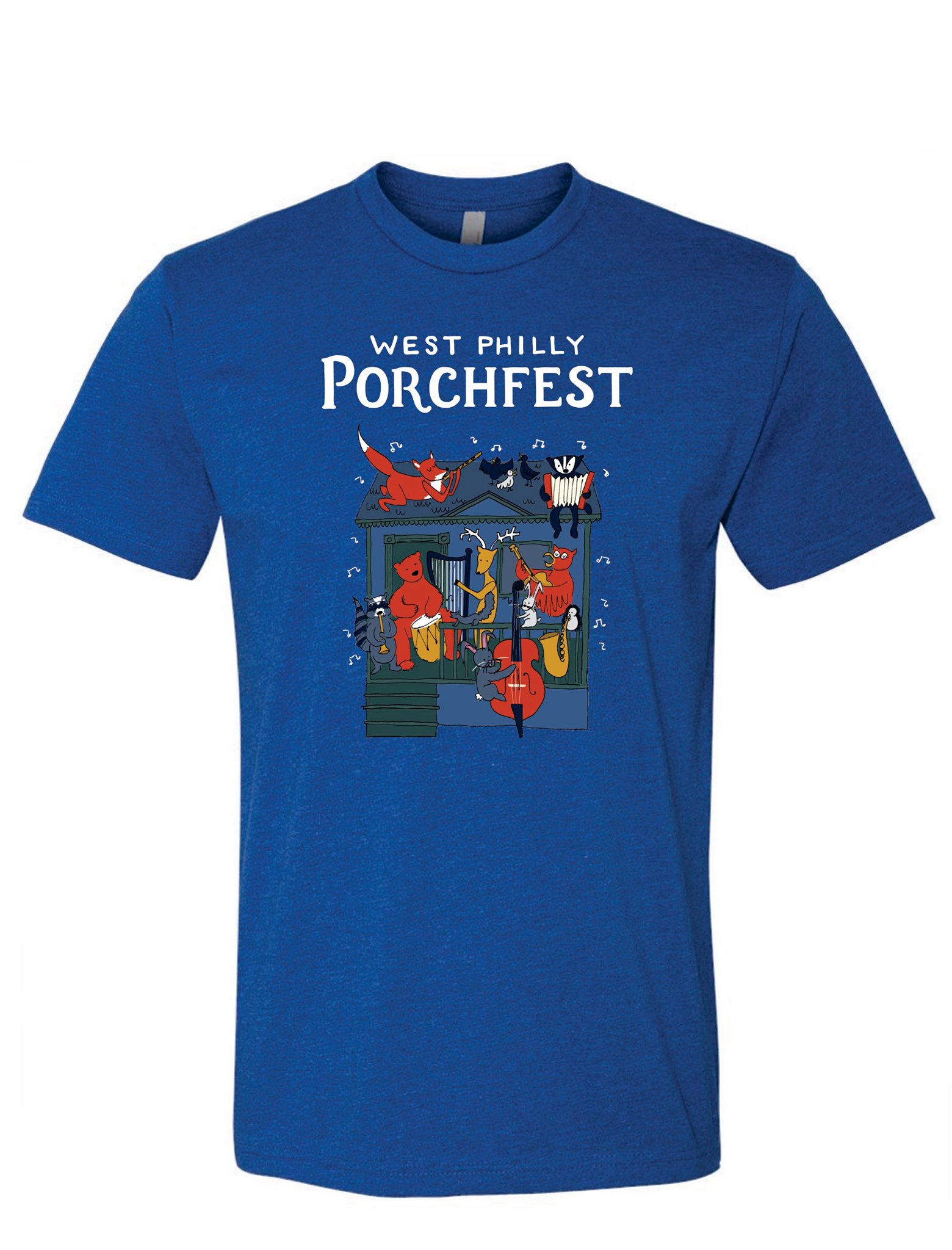 Mockup of the Porchfest t-shirt, which is a royal blue with an illustration of various animals playing instruments on the porch of a house.